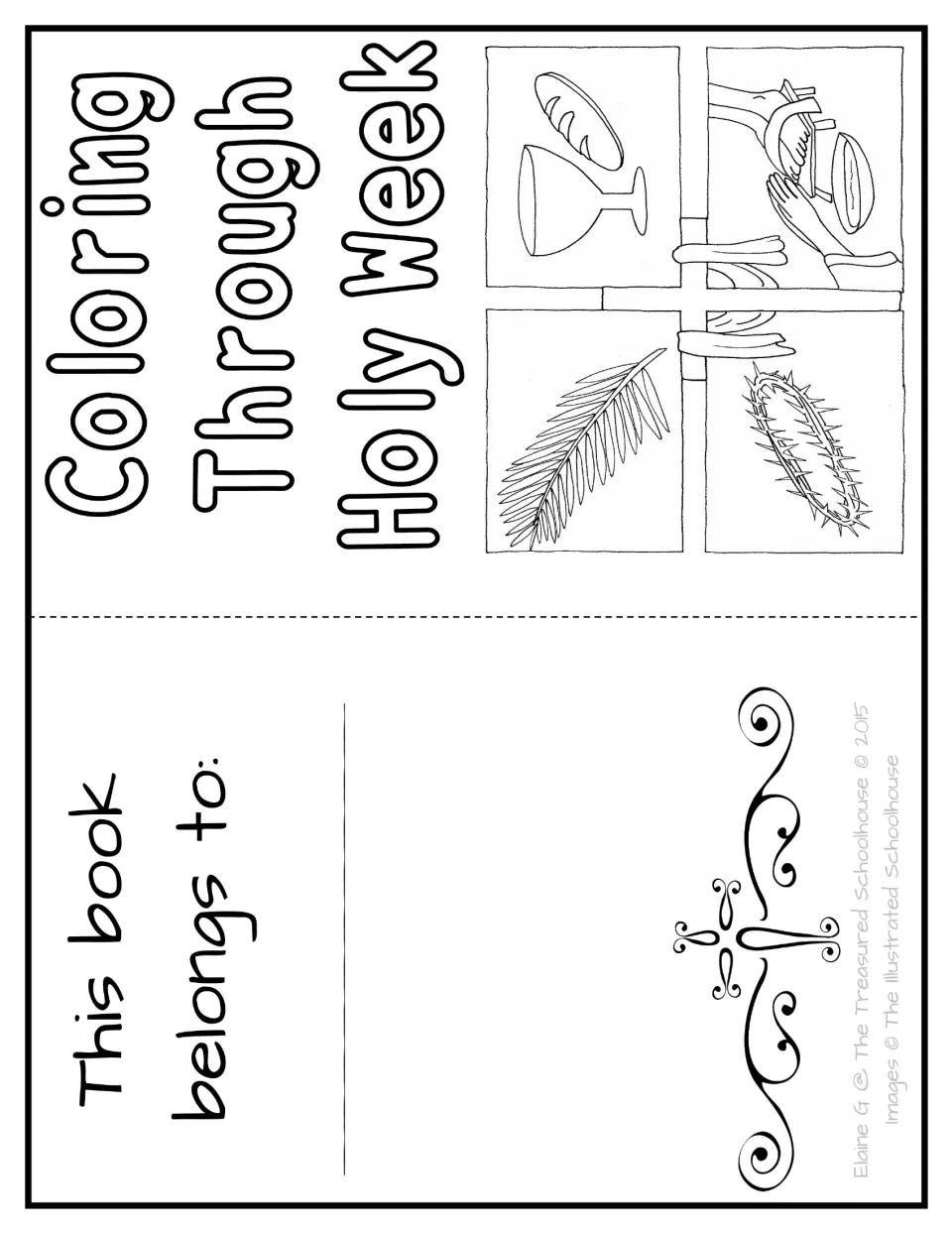 Foldable booklet cover to color, featuring Holy Week symbols and a space labeled 'This book belongs to:'