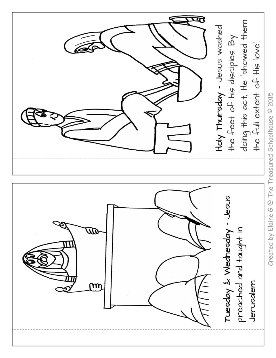 Two booklet pages to color: Jesus teaches on Tuesday and Wednesday, then washes disciples' feet on Holy Thursday