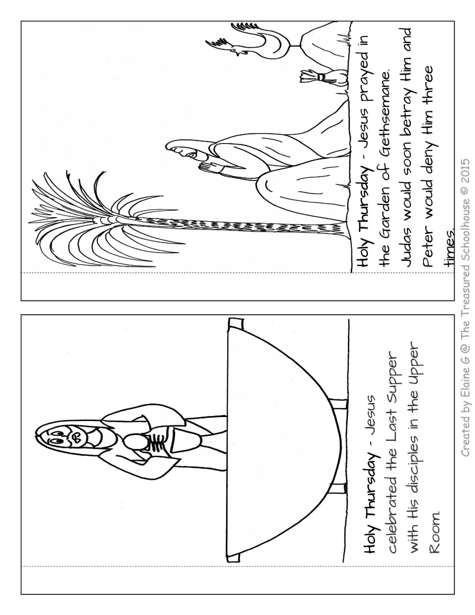 Two Holy Thursday booklet pages to color: Jesus celebrates the Last Supper and prays in the Garden of Gethsemane