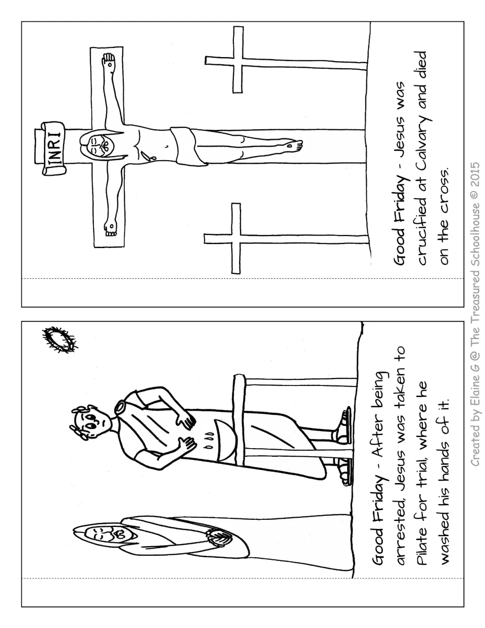 Two Good Friday booklet pages to color: Jesus stands before Pilate for trial and dies on the cross at Calvary