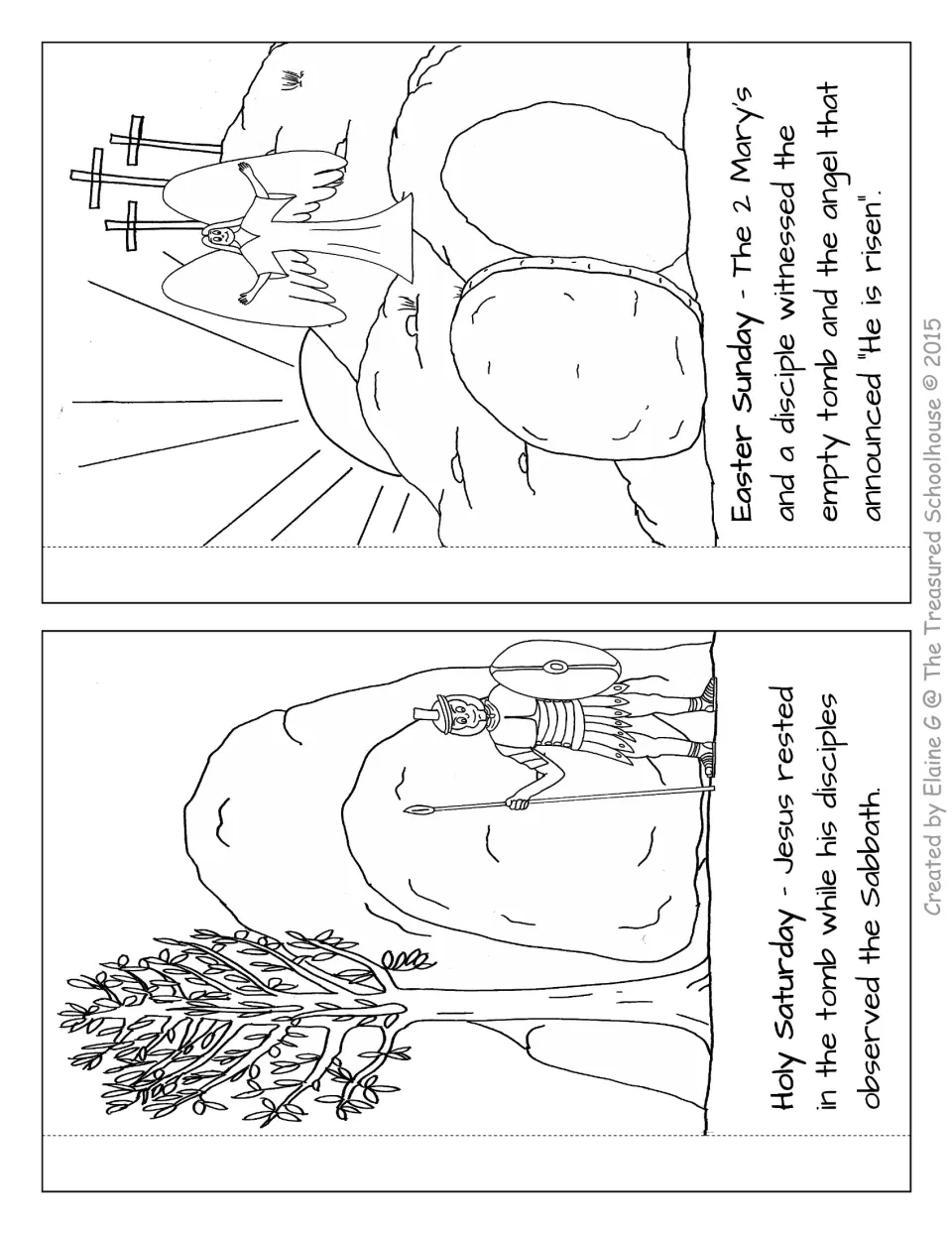 Two booklet pages to color: Jesus rests in the tomb on Holy Saturday; an angel announces He is risen on Easter