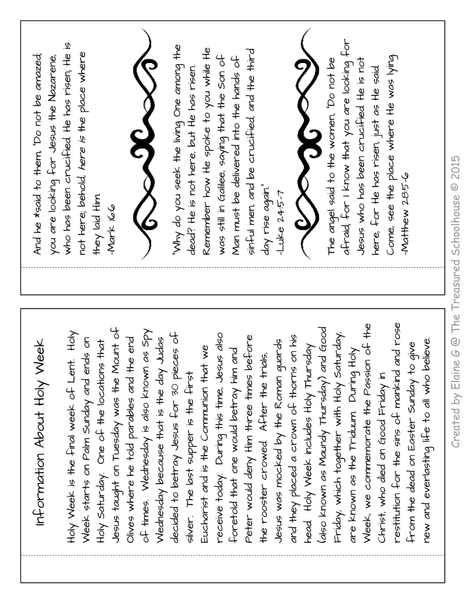 Two booklet reading pages: Information About Holy Week and resurrection verses from Mark, Luke, and Matthew