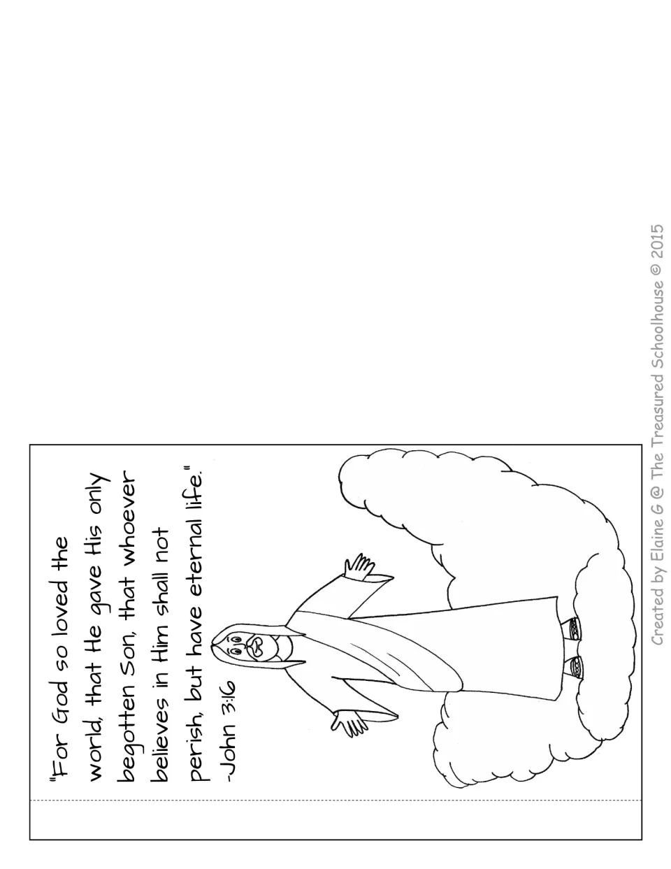 Final booklet page to color: Jesus standing on clouds beside John 3:16 about God's love and eternal life