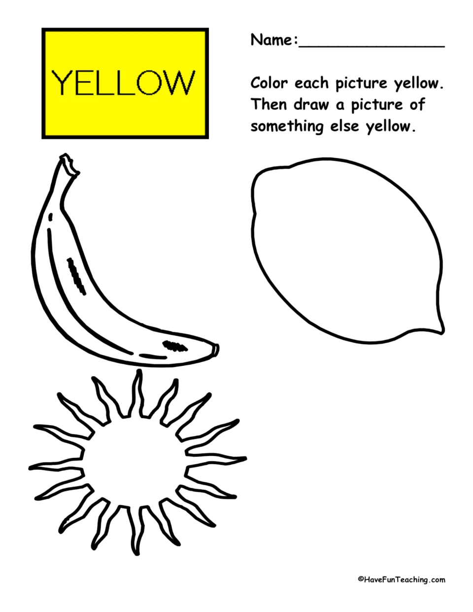 Recognizing yellow: students shade in a banana, a lemon and a sun, then draw one more object of that color