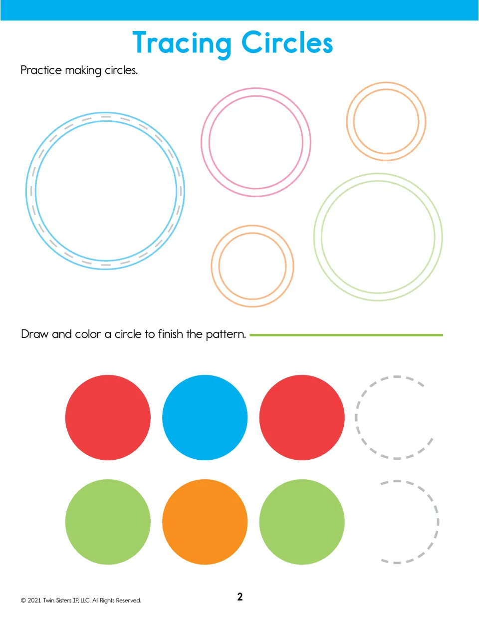 Tracing Circles: students trace five circles, then draw and color a circle to finish red-blue and green-orange patterns