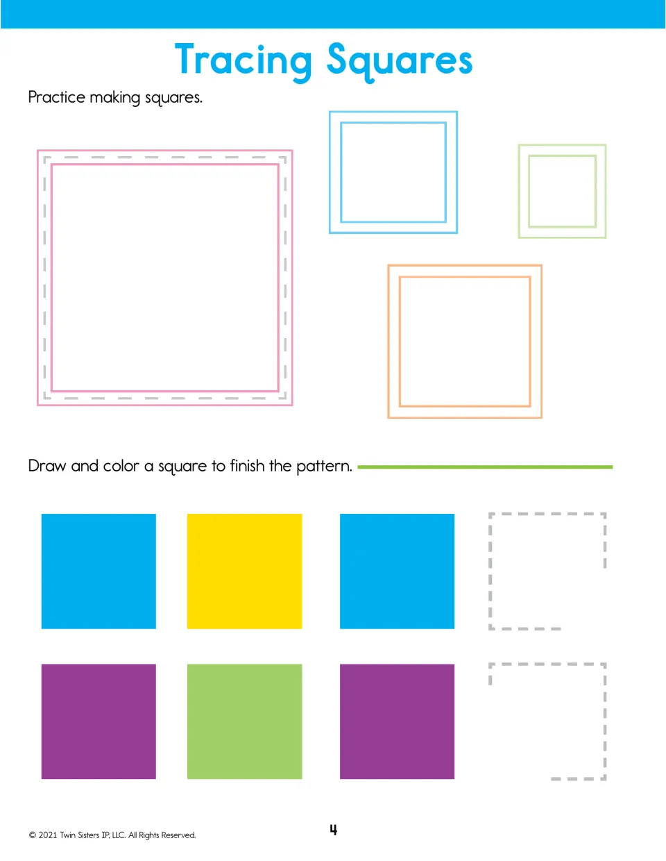 Tracing Squares: students trace four squares, then draw and color a square to finish blue-yellow and purple-green patterns