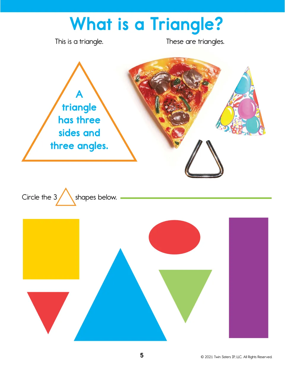 What is a Triangle? Pizza slice, party hat and metal triangle show three sides; students circle the 3 triangles