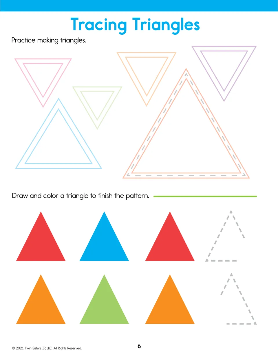 Tracing Triangles: students trace six triangles, then draw and color one to finish red-blue and orange-green patterns