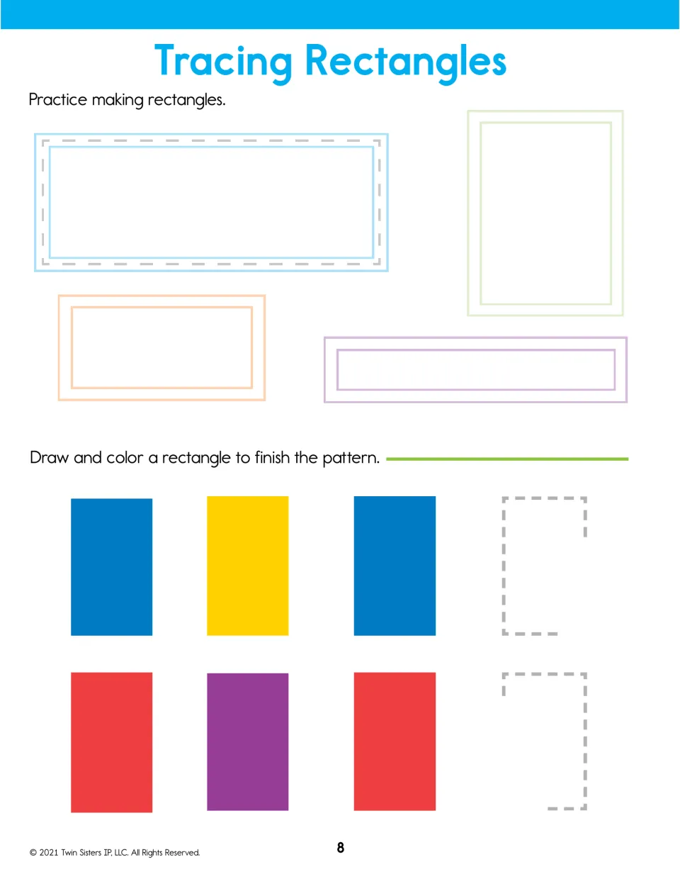 Tracing Rectangles: students trace four rectangles, then draw and color one to finish blue-yellow and red-purple patterns