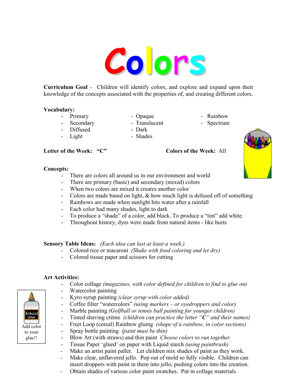 Colors curriculum introduction: learning goal, vocabulary, letter C, sensory table ideas, and art activities