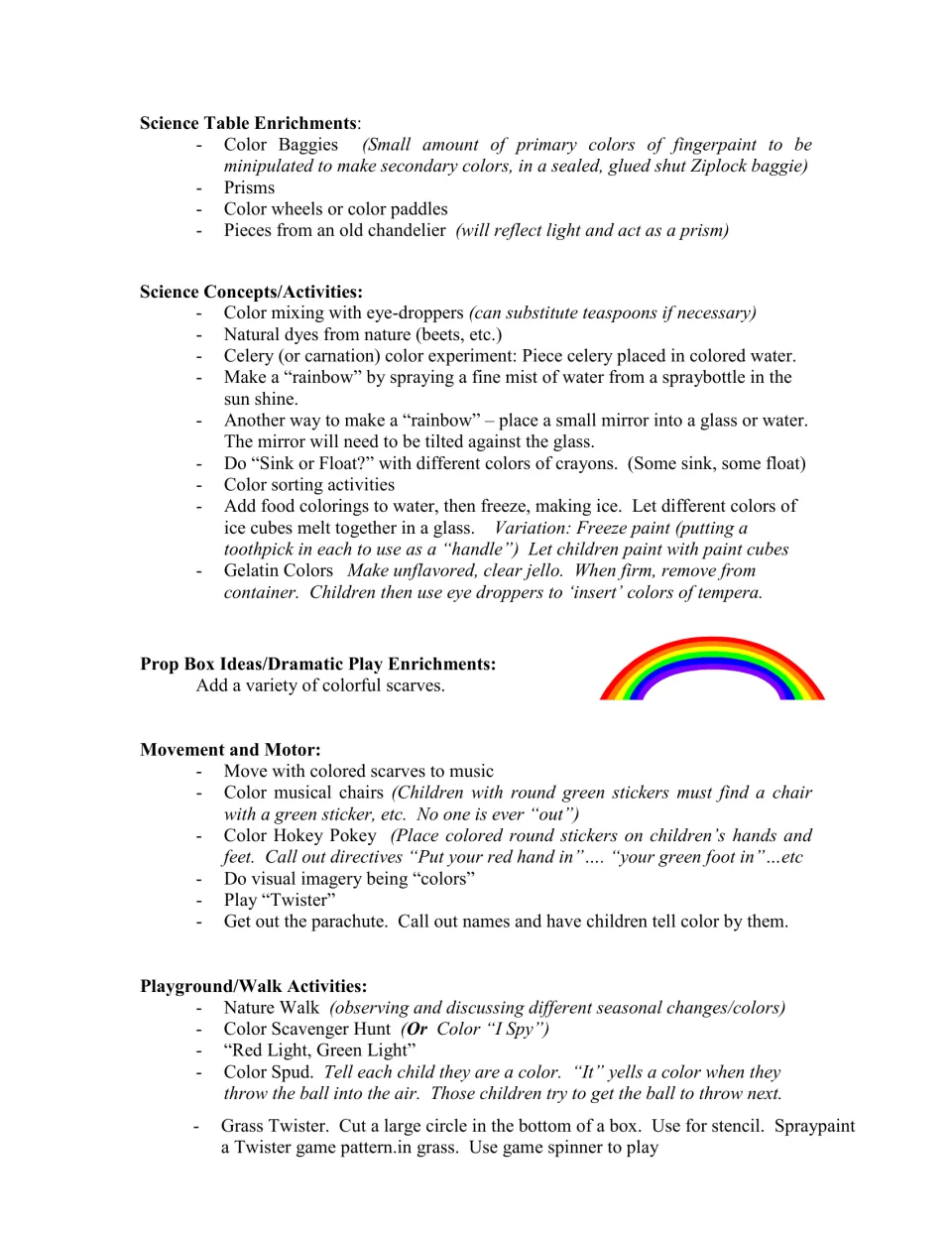 Color curriculum activities explore mixing, prisms, colored celery, scarf movement, and outdoor color hunts