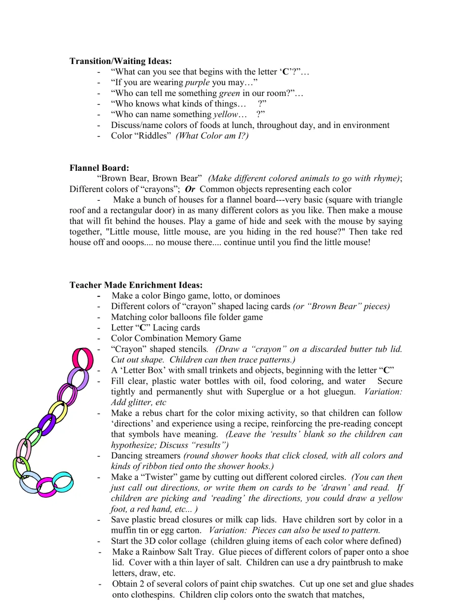 Color curriculum ideas include transition prompts, flannel board mouse hide-and-seek, bingo, and matching games