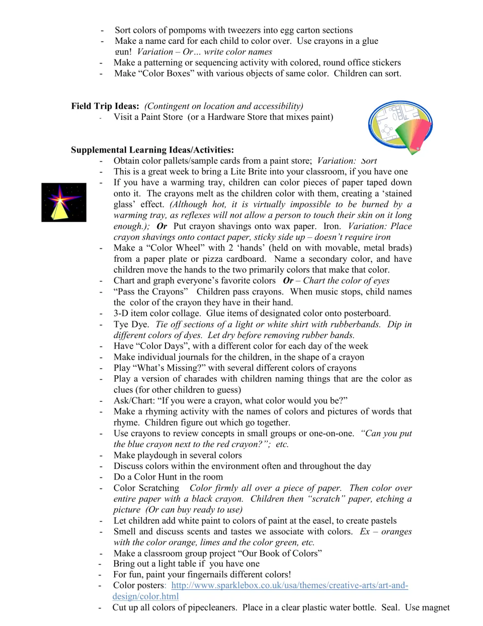 Color enrichment ideas continue with sorting, a paint store visit, a color wheel, tie-dye, and classroom journals