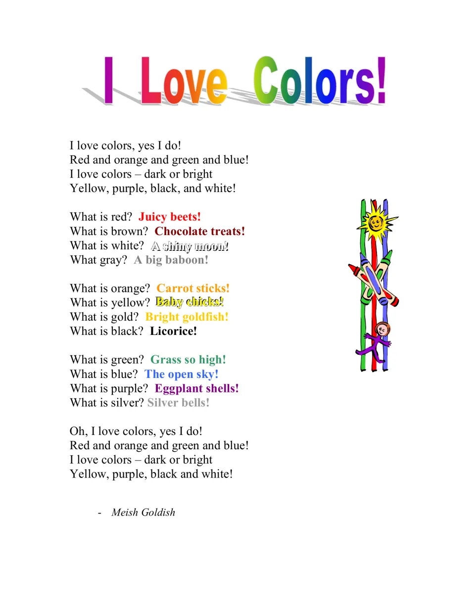 Color curriculum poem 'I Love Colors!' pairs color questions with examples such as beets, carrots, and the sky