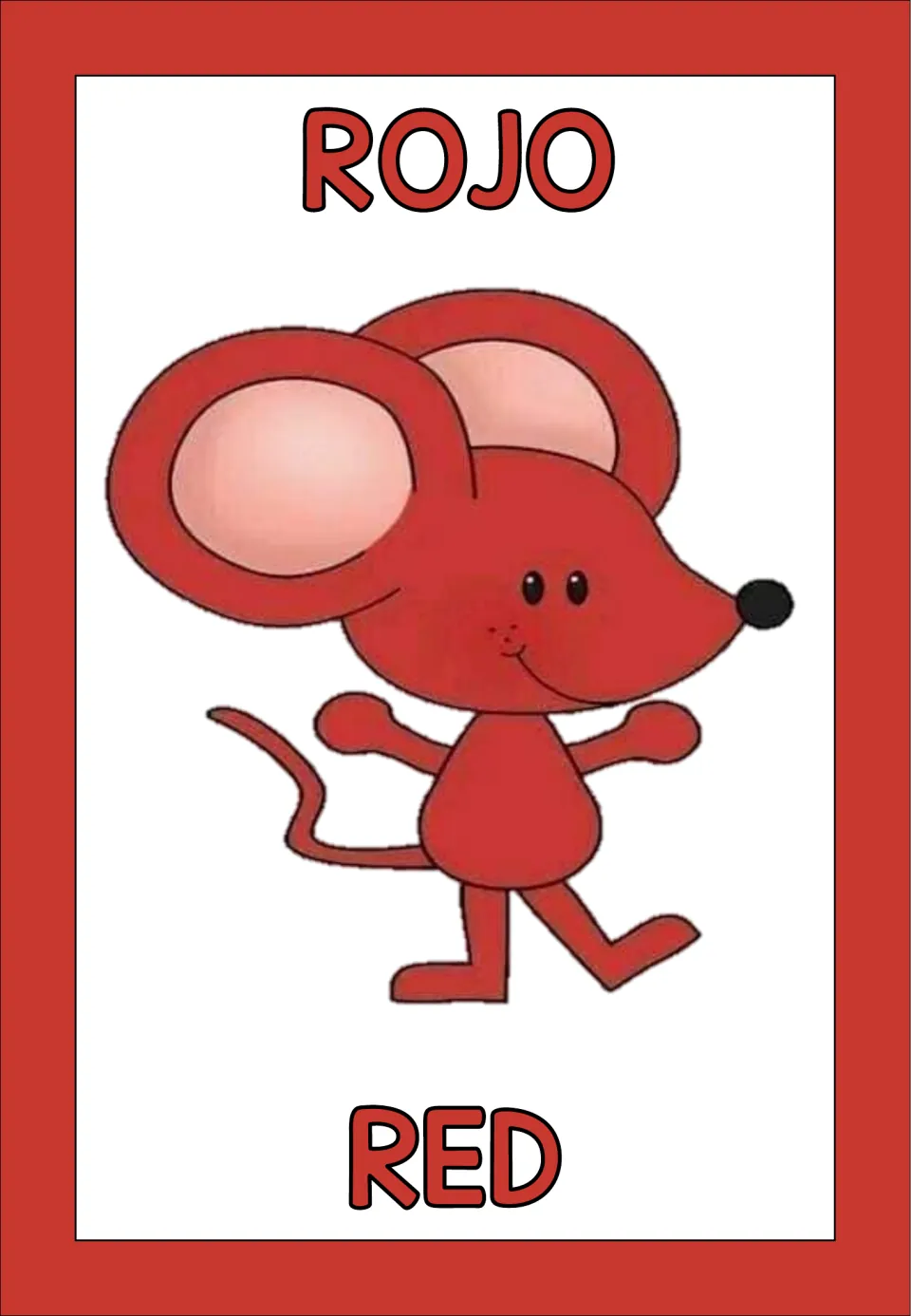 Red color poster: the Spanish word ROJO above a red cartoon mouse, with the English word RED below for matching vocabulary