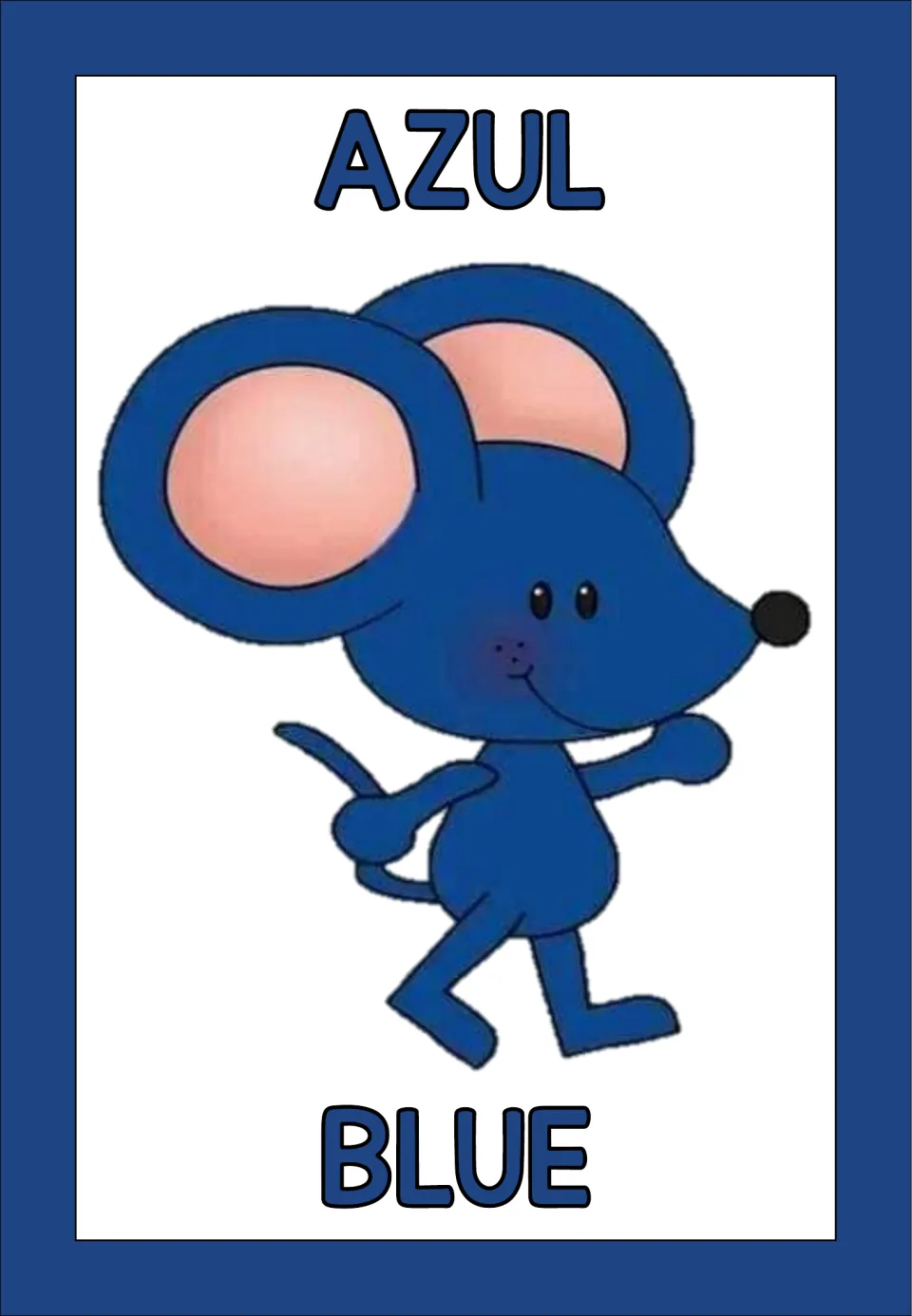 Blue color poster pairing the Spanish word AZUL with the English word BLUE around a walking blue cartoon mouse