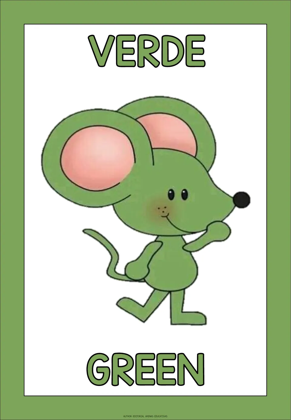 Green color poster: VERDE printed above a waving green cartoon mouse and GREEN printed below, linking Spanish to English