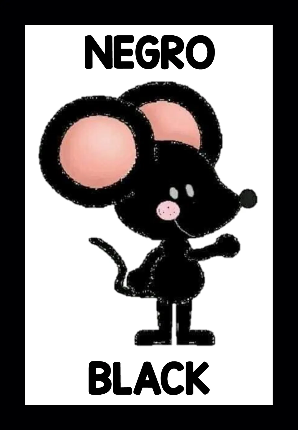 Black color poster: NEGRO in Spanish at the top, a black cartoon mouse with pink ears and BLACK in English at the bottom