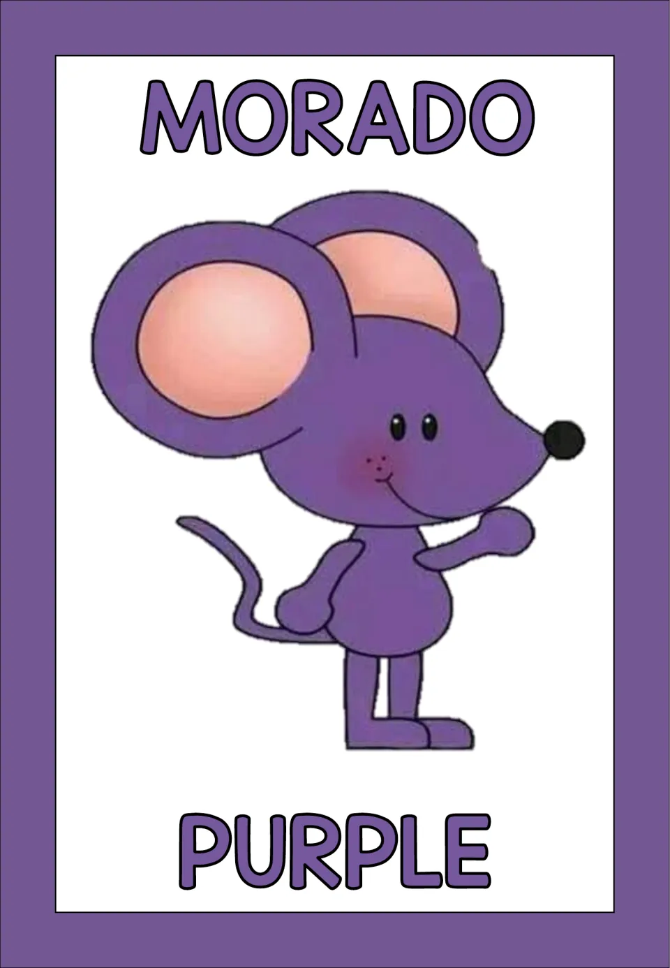 Purple color poster showing the Spanish word MORADO above a waving purple cartoon mouse and the English word PURPLE below