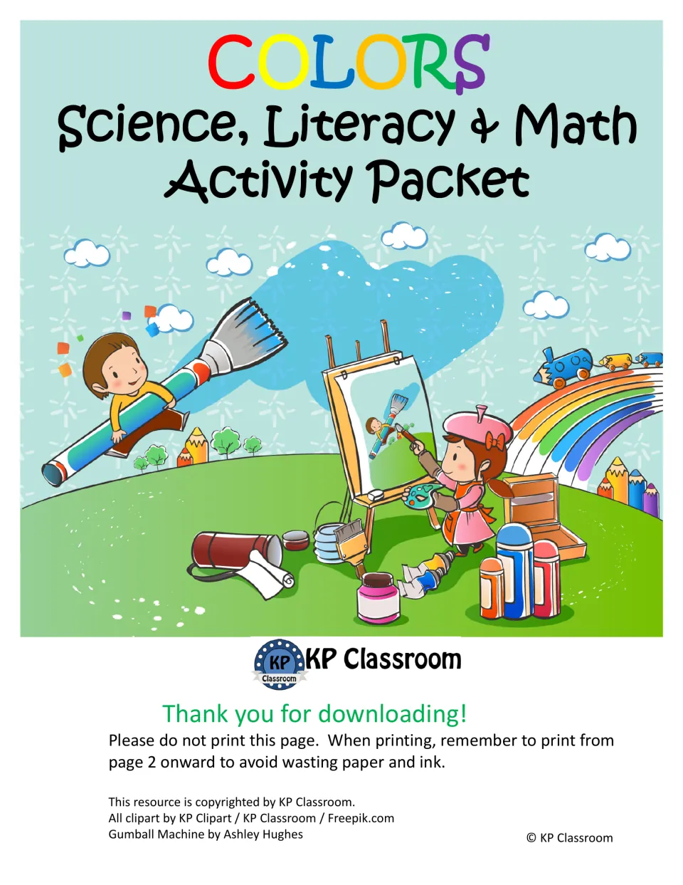 Colors Science, Literacy & Math Activity Packet cover: children painting by a rainbow, with KP Classroom printing notes
