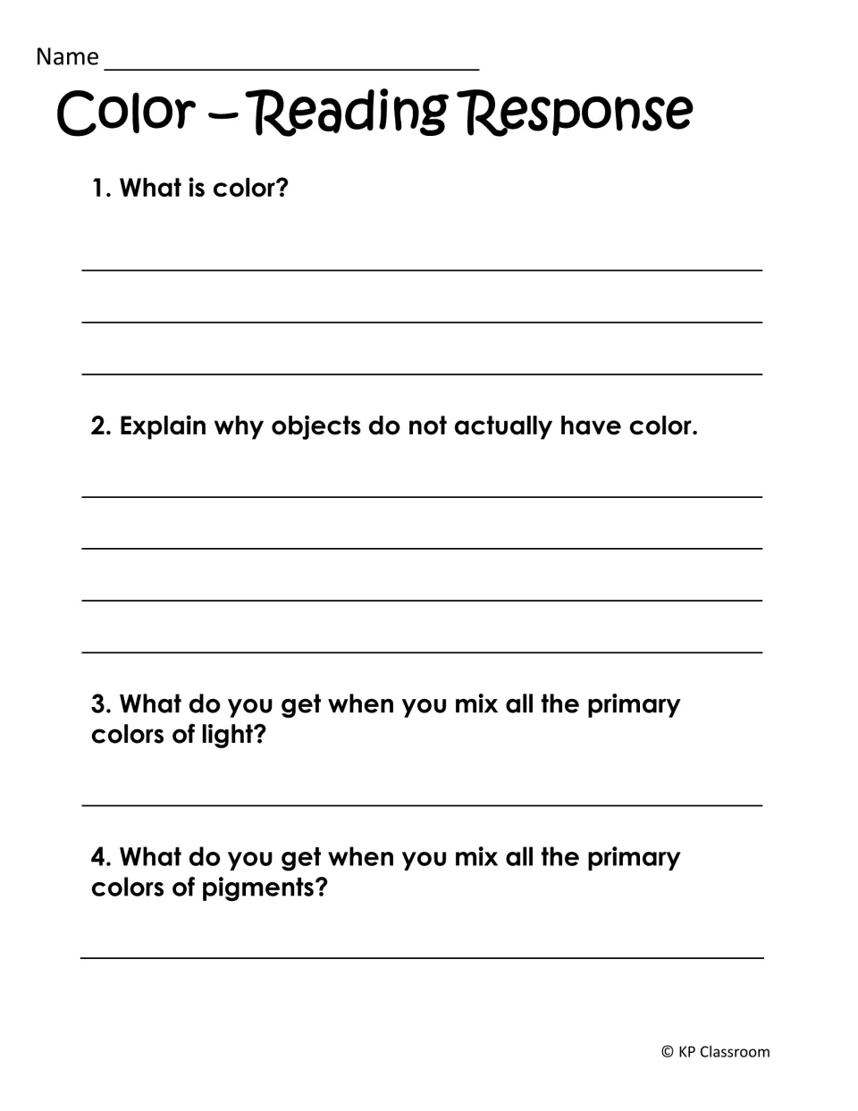 Color reading response: students answer 4 questions on what color is and what mixing colors of light or pigment makes