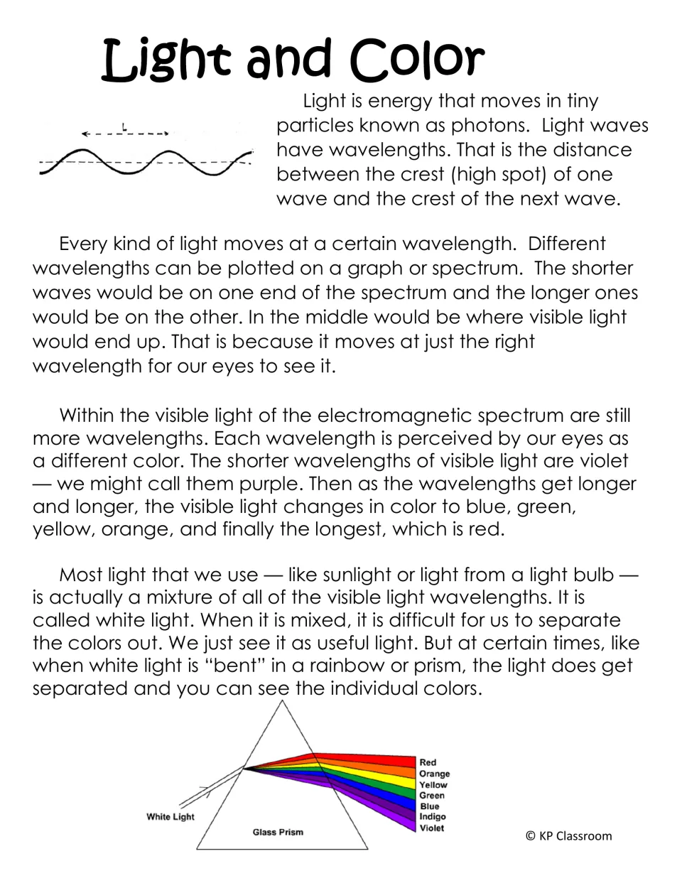 Light and Color passage on photons, wavelength and the visible spectrum, with a prism splitting white light into colors