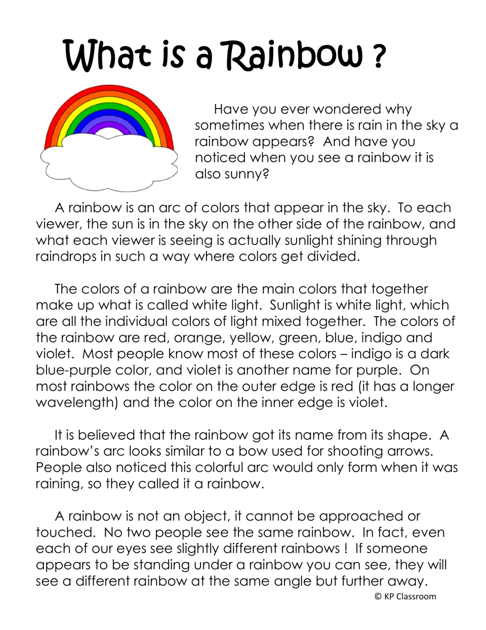 What is a Rainbow? passage on sunlight through raindrops, the seven colors, the name's origin and why it can't be touched