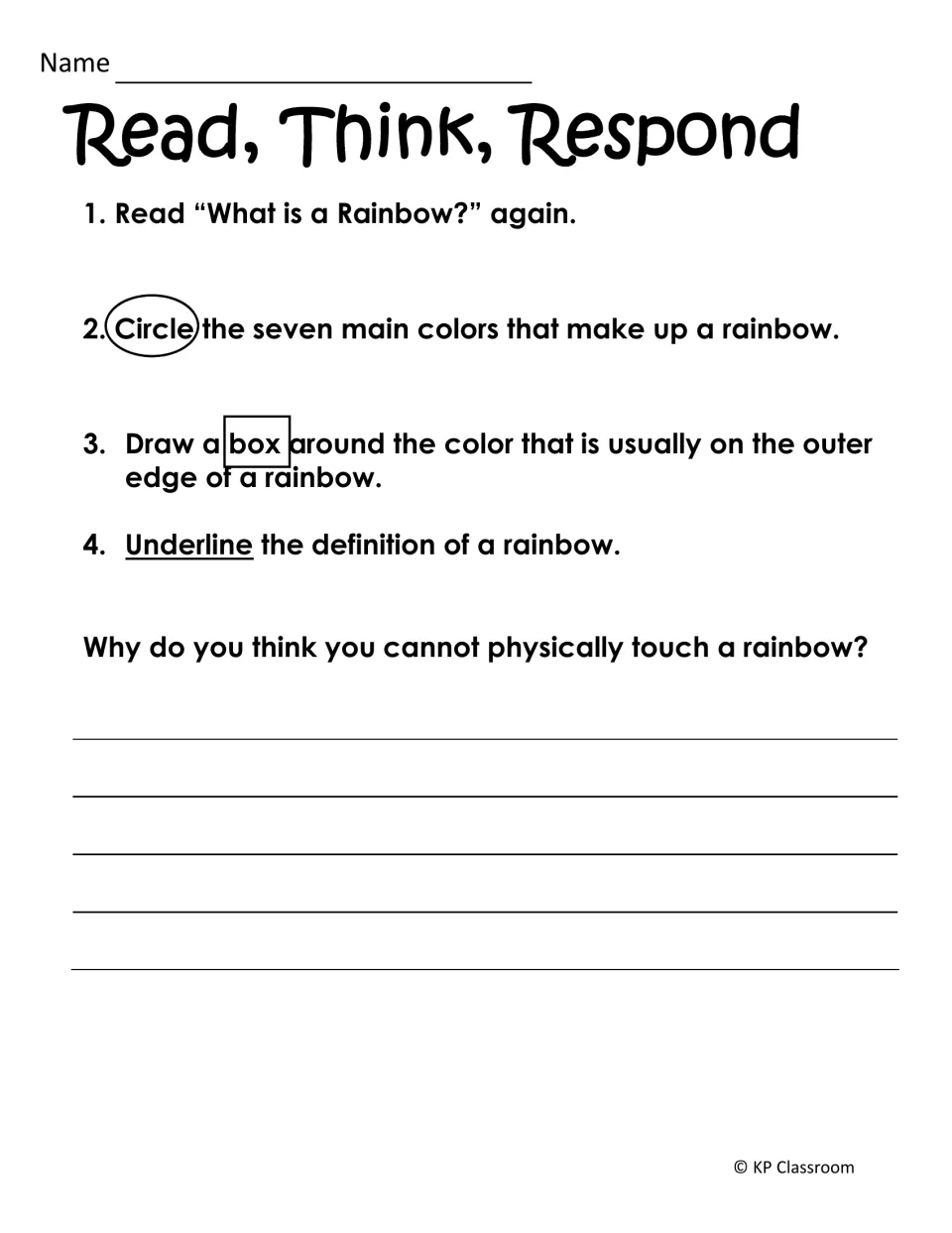 Rainbow text marking: students circle the seven colors, box the outer color, underline the definition and write a response
