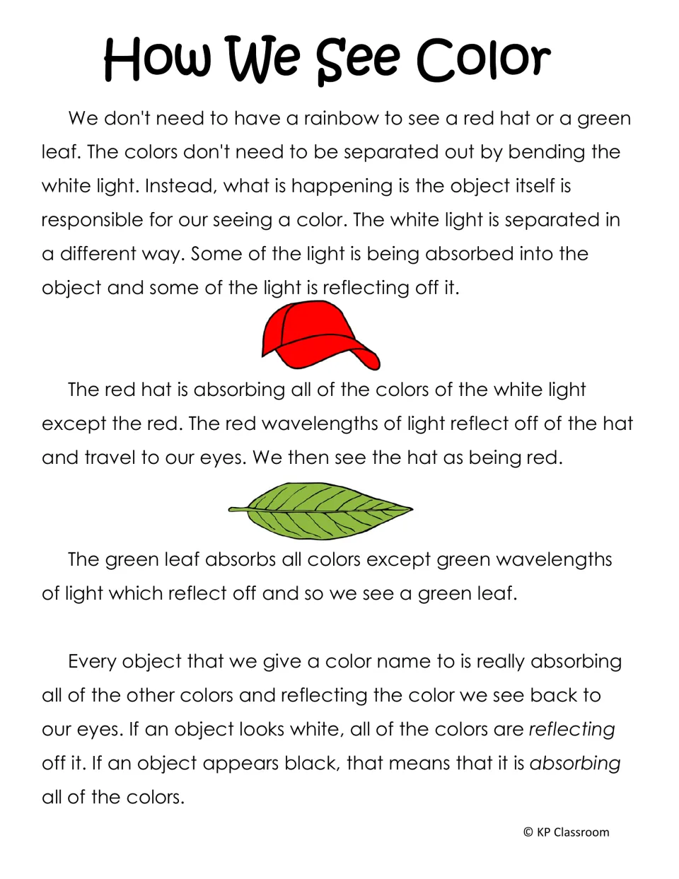 How We See Color passage on how a red hat and green leaf absorb some light and reflect one color, plus white vs black