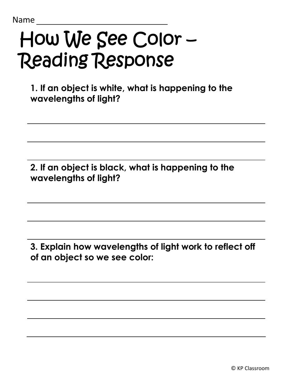 How We See Color response: students explain what happens to light on white and black objects and how reflection shows color