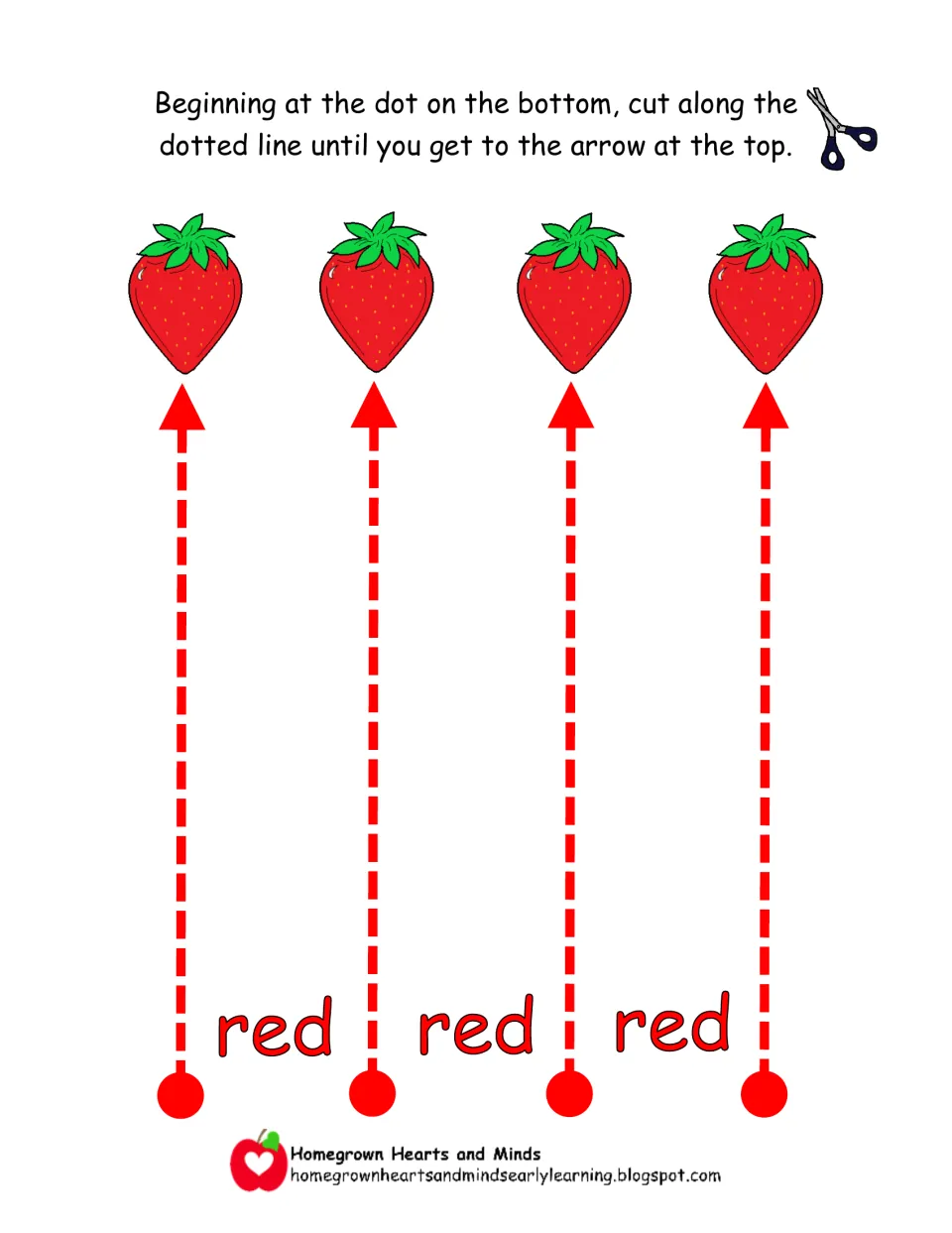 Color word red: students cut up four straight dotted paths from a dot to a strawberry, practising straight-line cutting