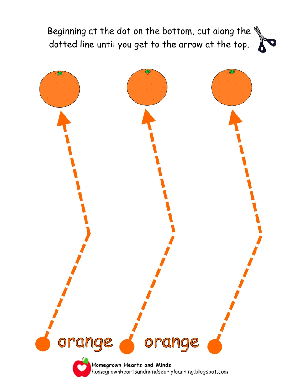 Color word orange: students cut three dotted paths with one bend, from each dot up to an orange, to practise turning cuts