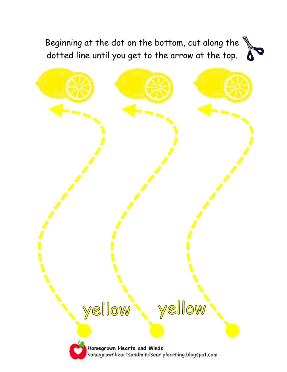 Color word yellow: students cut three gently curving dotted paths from a dot up to a pair of lemons for curved cutting