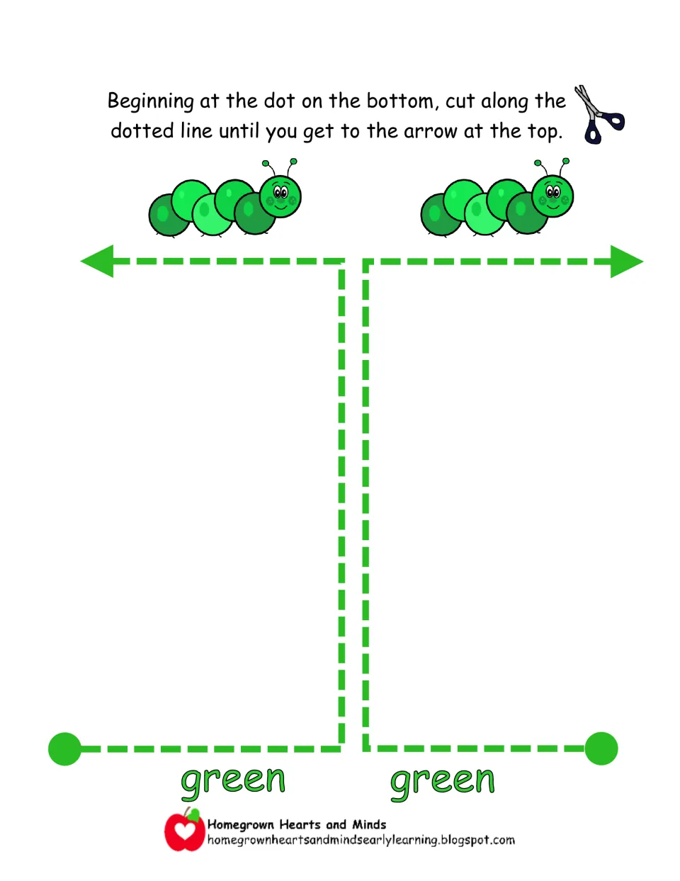 Color word green: students cut up from a dot, then turn sharply to the side toward a smiling caterpillar on each half
