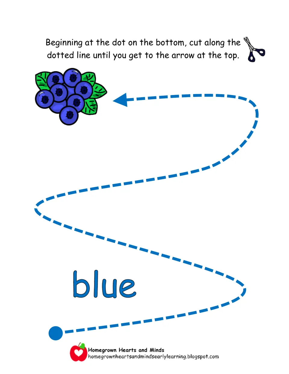 Color word blue: students cut one long winding S-shaped dotted path from the dot at the bottom to a bunch of blueberries