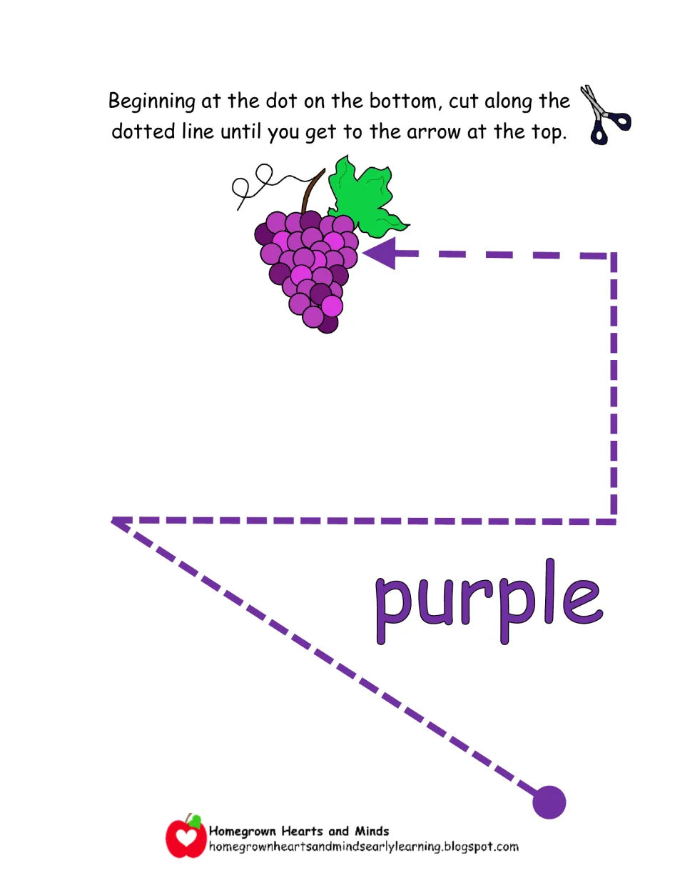 Color word purple: students cut a single path with diagonal, straight and corner turns from the dot to a bunch of grapes