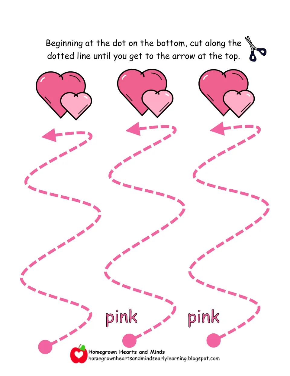 Color word pink: students cut three wavy paths with several bends, starting at each dot and ending at a pair of hearts
