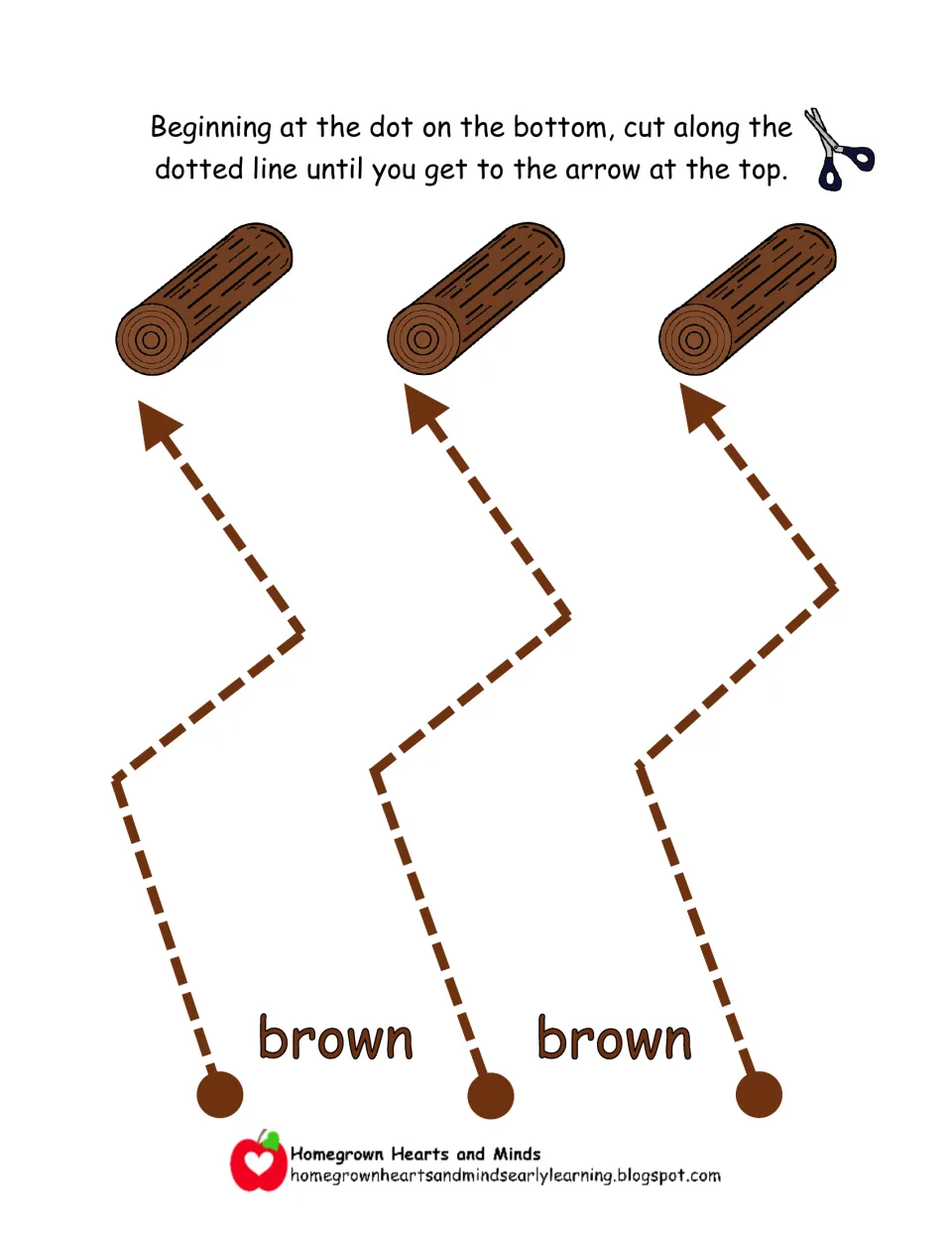 Color word brown: students cut three zigzag dotted paths with two sharp corners each, from a dot up to a wooden log