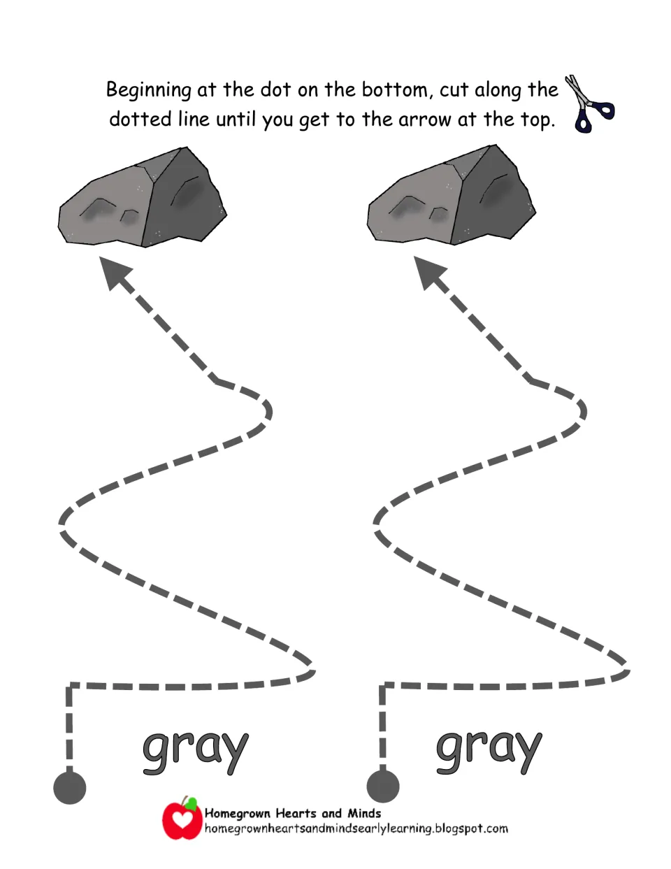 Color word gray: students cut two paths that start with a corner, then wave and angle upward to finish at a gray rock