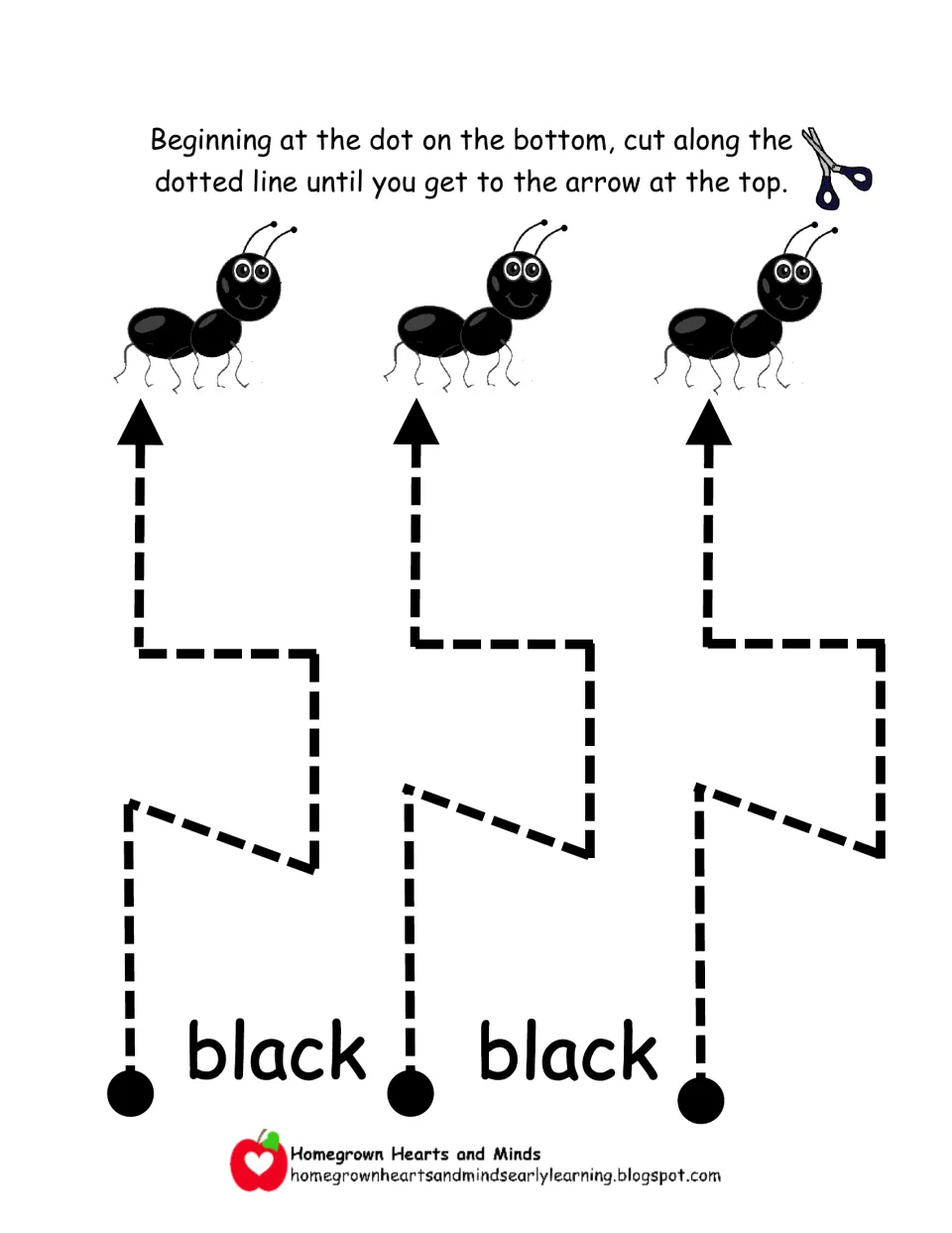 Color word black: students cut three stepped dotted paths with angled and square turns, each ending at a smiling ant