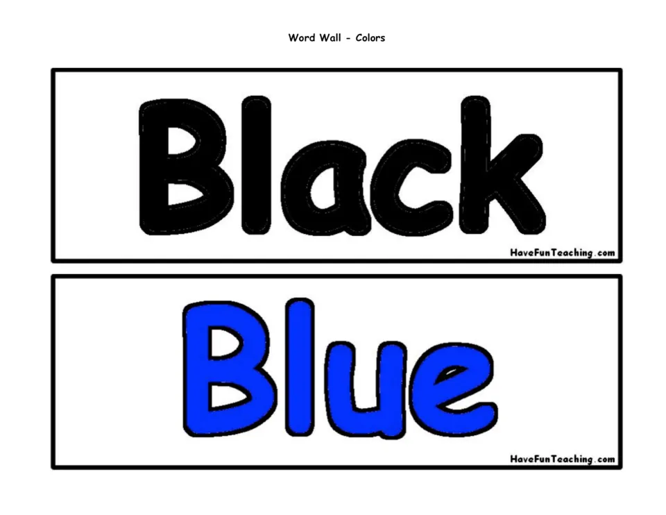 Color word wall cards 1–2 of 16: Black and Blue, each showing the color word in its corresponding color.