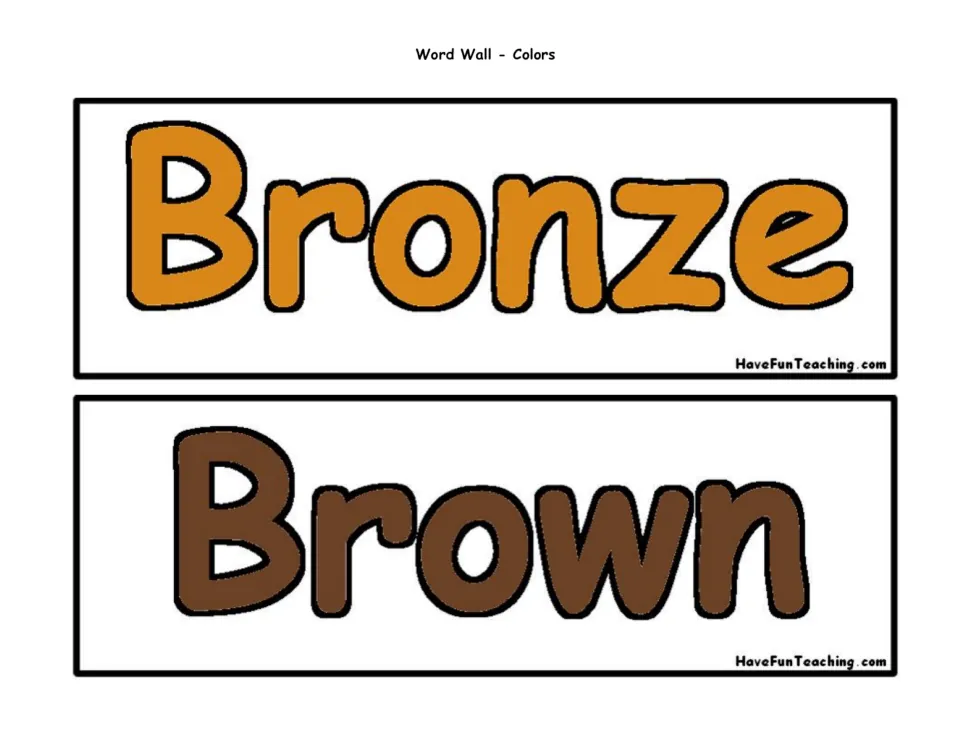 Color word wall cards 3–4 of 16: Bronze and Brown, each showing the color word in its corresponding color.