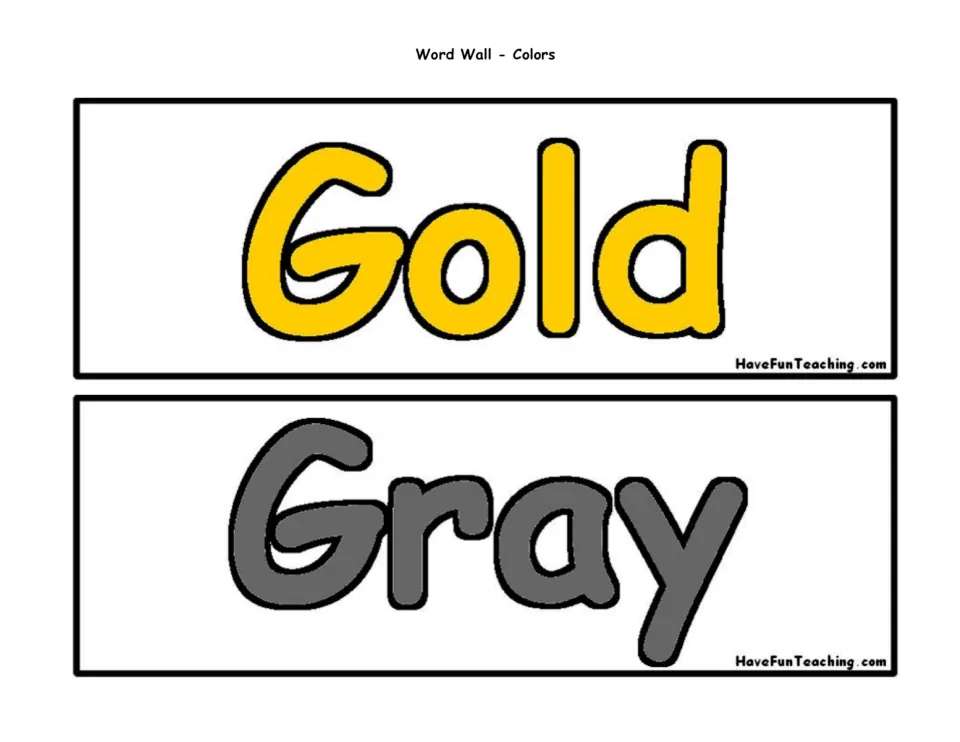Color word wall cards 5–6 of 16: Gold and Gray, each showing the color word in its corresponding color.