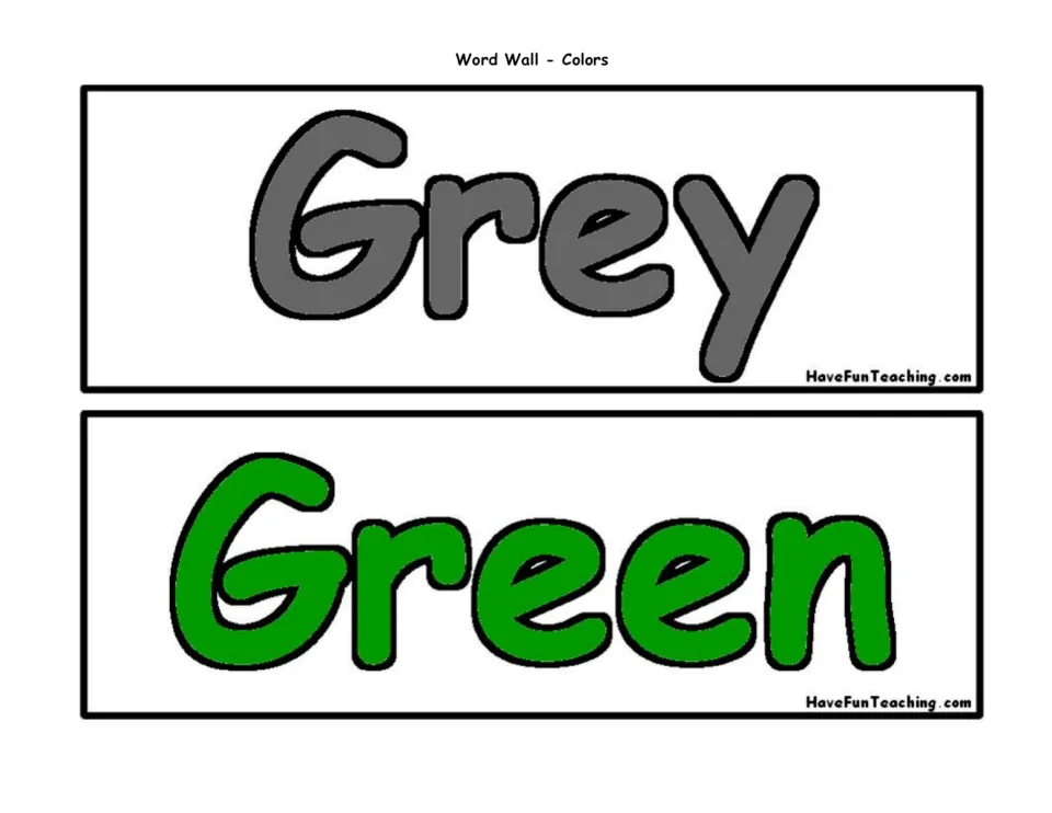 Color words Grey and Green: two word wall cards showing the Grey spelling in gray letters and Green in green letters
