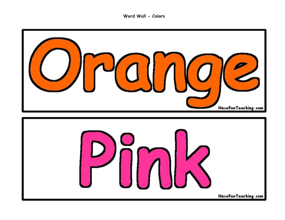 Color word wall cards 9–10 of 16: Orange and Pink, each showing the color word in its corresponding color.