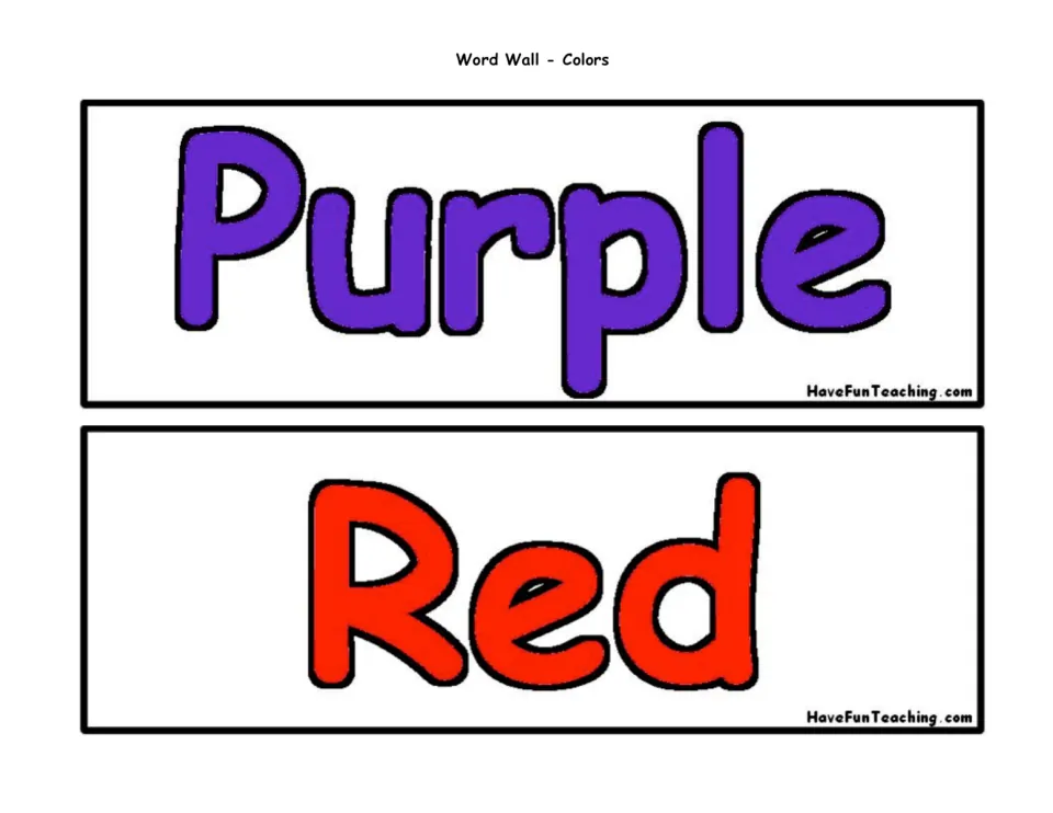 Color word wall cards 11–12 of 16: Purple and Red, each showing the color word in its corresponding color.