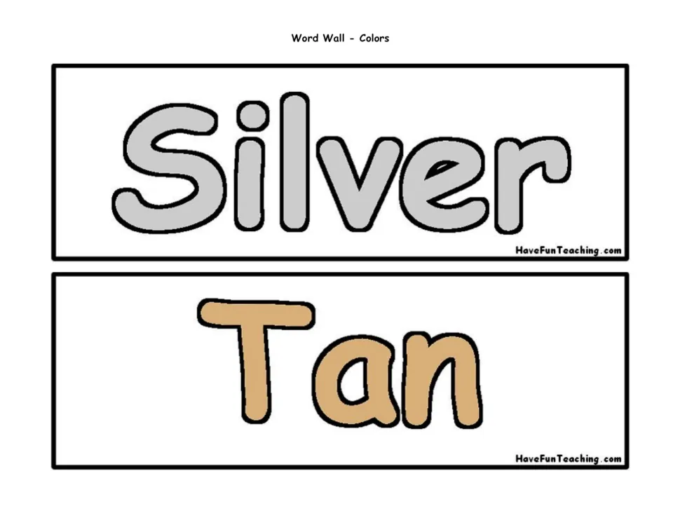 Color word wall cards 13–14 of 16: Silver and Tan, each showing the color word in its corresponding color.