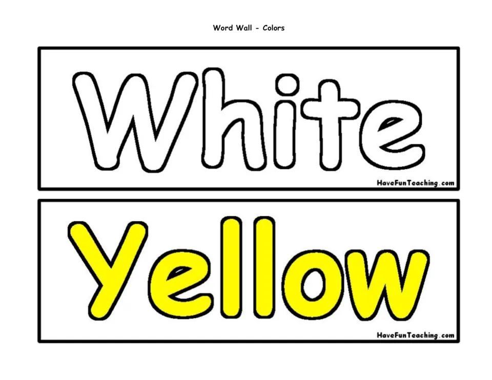 Color word wall cards 15–16 of 16: White and Yellow, showing white lettering and yellow lettering.