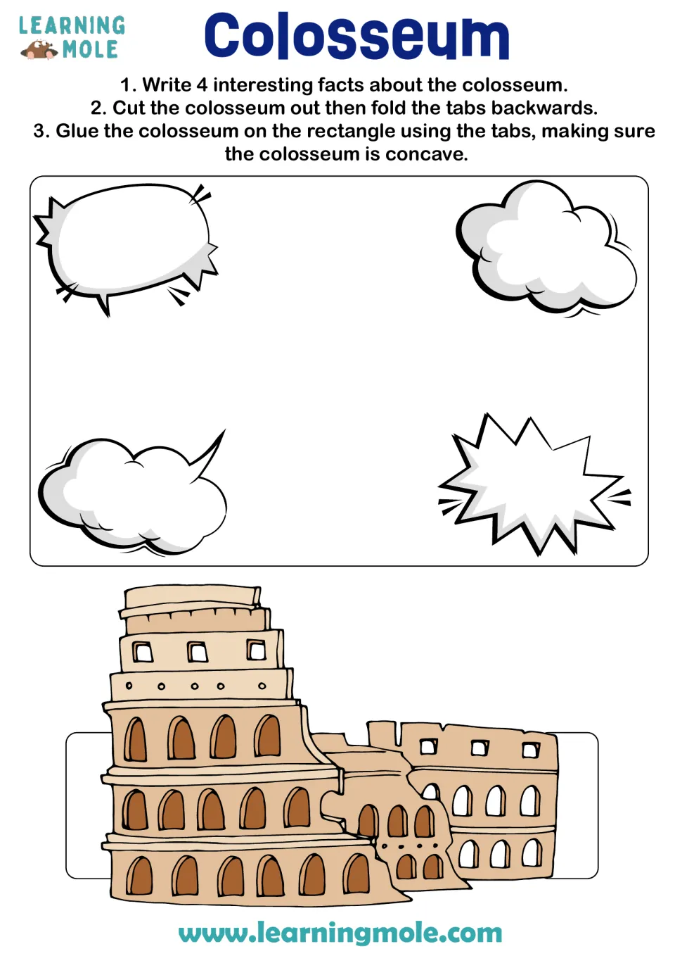 Roman Colosseum craft: students write 4 facts in speech bubbles, then cut out, fold and glue a curved Colosseum model