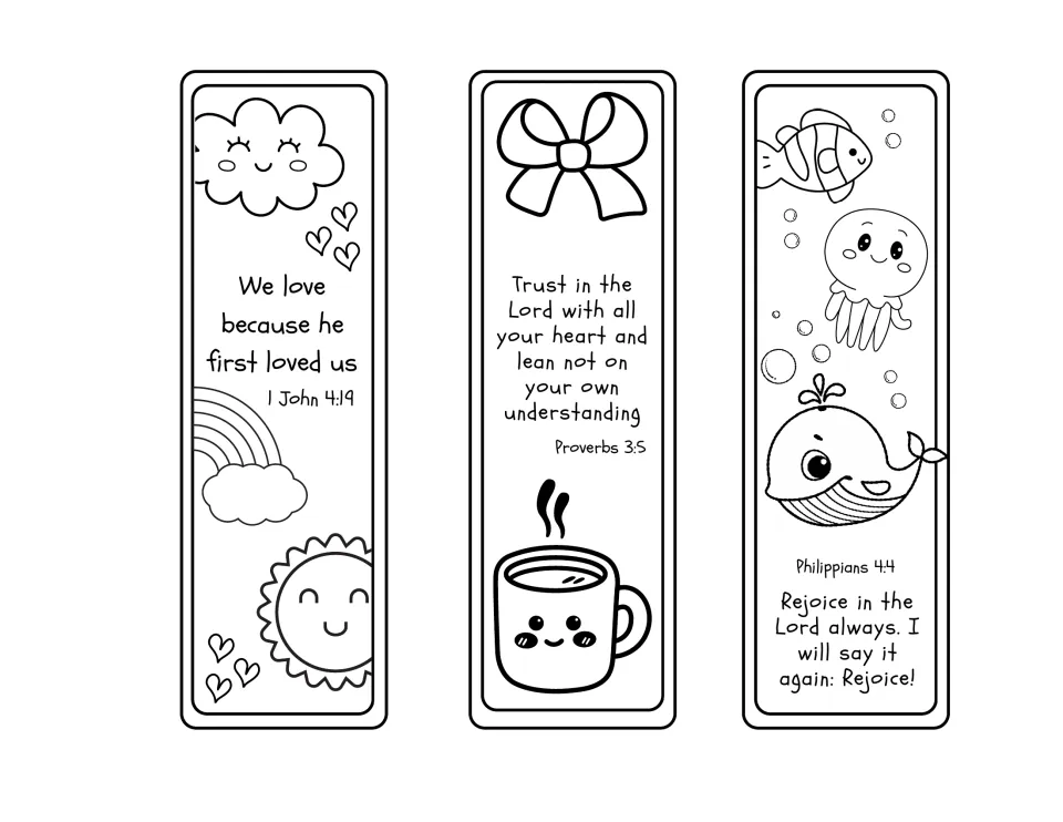 Three bookmarks to colour with 1 John 4:19, Proverbs 3:5 and Philippians 4:4, plus a smiling cloud, mug and sea animals